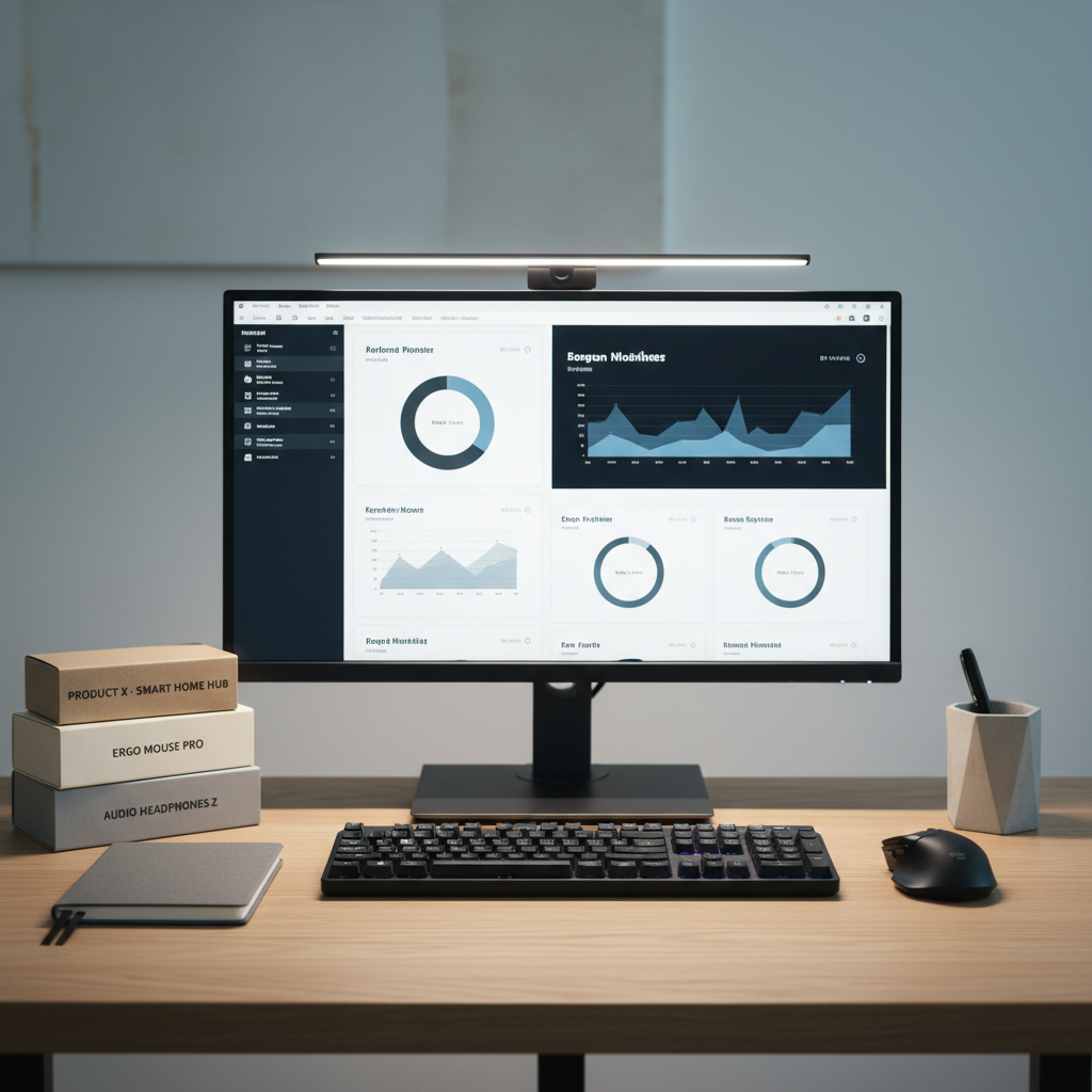 A meticulously arranged home office desk prepared for an in-depth Amazon product review session, featuring a large, slim-bezel monitor displaying a clean, abstract analytics dashboard with charts in muted blues and grays. In front of the monitor lies a dark charcoal keyboard, a wireless mouse, and a small stack of neutral-colored product boxes with clear labels facing the camera. The desk surface is a smooth, light oak wood, surrounded by minimal accessories such as a closed graphite notebook and a single, geometric pen holder. Cool, even studio lighting creates gentle reflections and minimal shadows, reinforcing a professional, corporate aesthetic. Shot at eye level with a slight angle, the composition is structured and symmetrical, with photographic realism and a calm, focused mood ideal for a serious review blog.